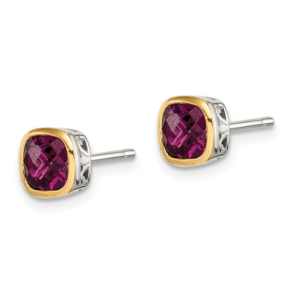 Sterling Silver with 14K Accent Rhodolite Garnet Square Stud Earrings