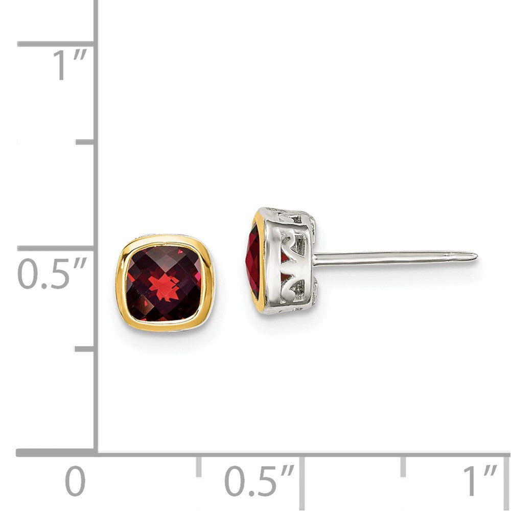 Sterling Silver with 14K Accent Garnet Square Stud Earrings