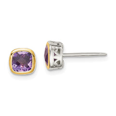 Sterling Silver with 14K Accent Amethyst Square Stud Earrings