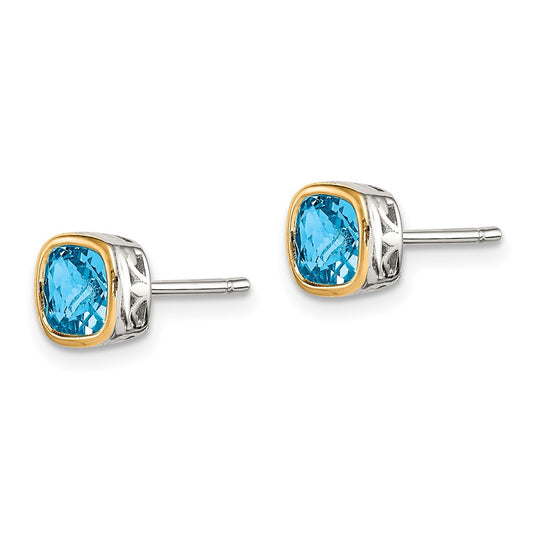 Sterling Silver with 14K Accent Light Swiss Blue Topaz Square Stud Earrings