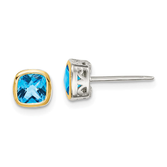 Sterling Silver with 14K Accent Light Swiss Blue Topaz Square Stud Earrings
