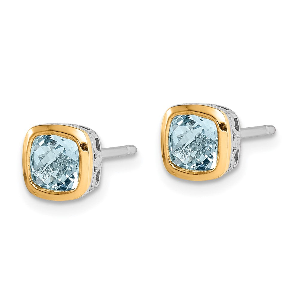 Sterling Silver with 14K Accent Aquamarine Square Stud Earrings