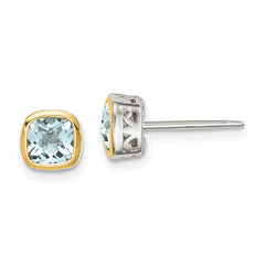 Sterling Silver with 14K Accent Aquamarine Square Stud Earrings
