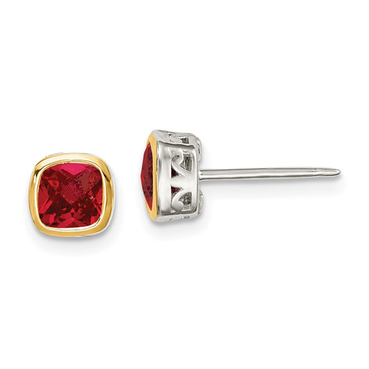 Sterling Silver with 14K Accent Created Ruby Square Stud Earrings