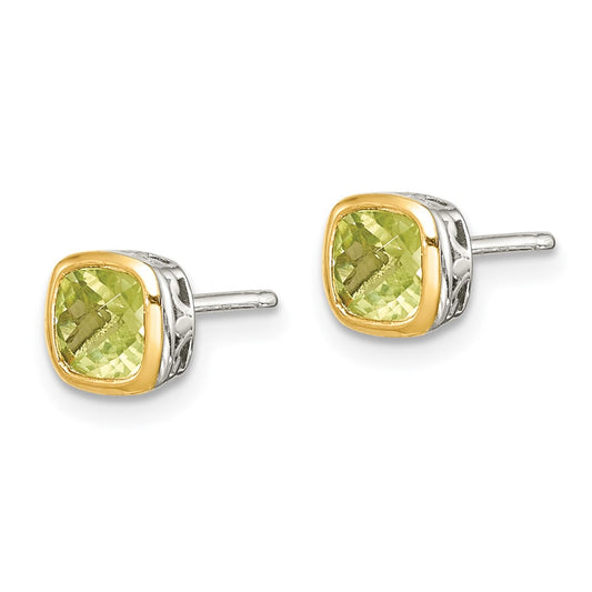 Sterling Silver with 14K Accent Peridot Square Stud Earrings