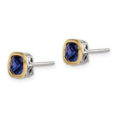 Sterling Silver with 14K Accent Created Sapphire Square Stud Earrings