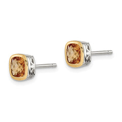 Sterling Silver with 14K Accent Citrine Square Stud Earrings