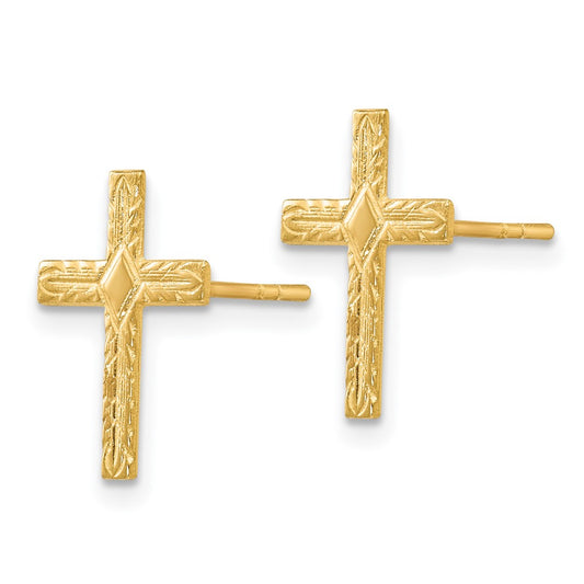 14K Yellow Gold Polished & Textured Cross Earrings