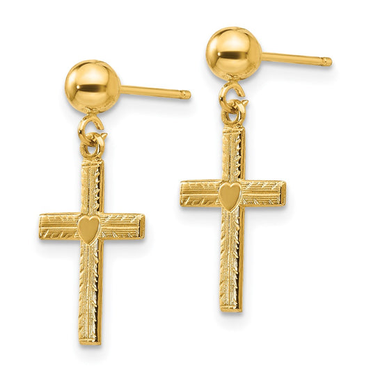 14K Yellow Gold Polished & Satin Cross Dangle Earrings