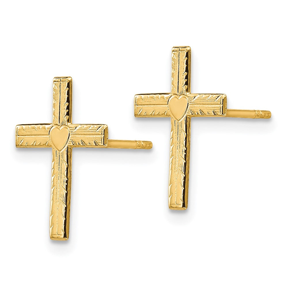 14K Yellow Gold Polished & Satin Heart Cross Earrings