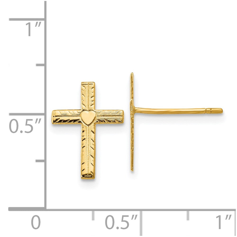 14K Yellow Gold Polished & Satin Heart Cross Earrings