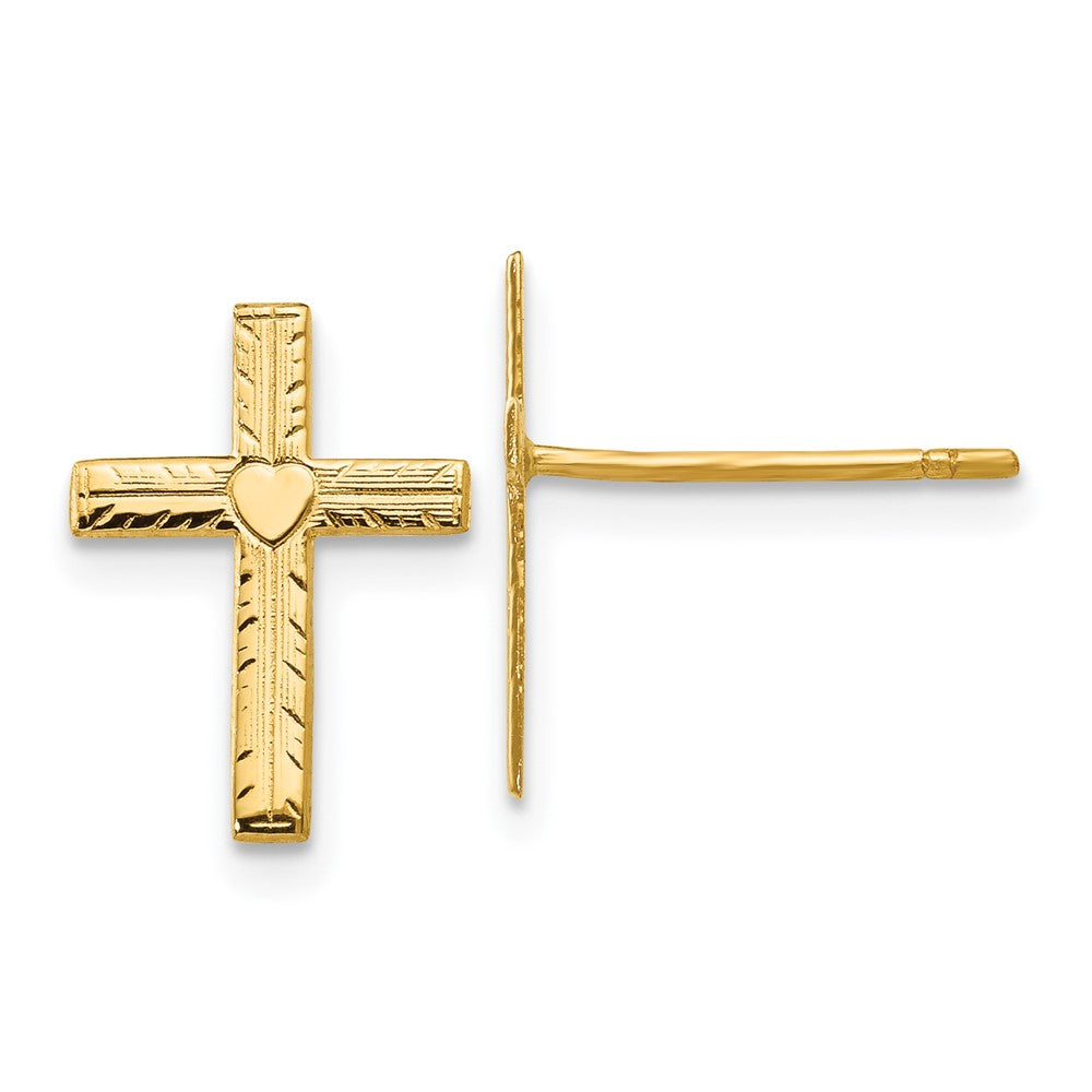 14K Yellow Gold Polished & Satin Heart Cross Earrings