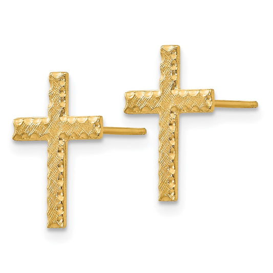 14K Yellow Gold Brushed Finish Cross Earrings