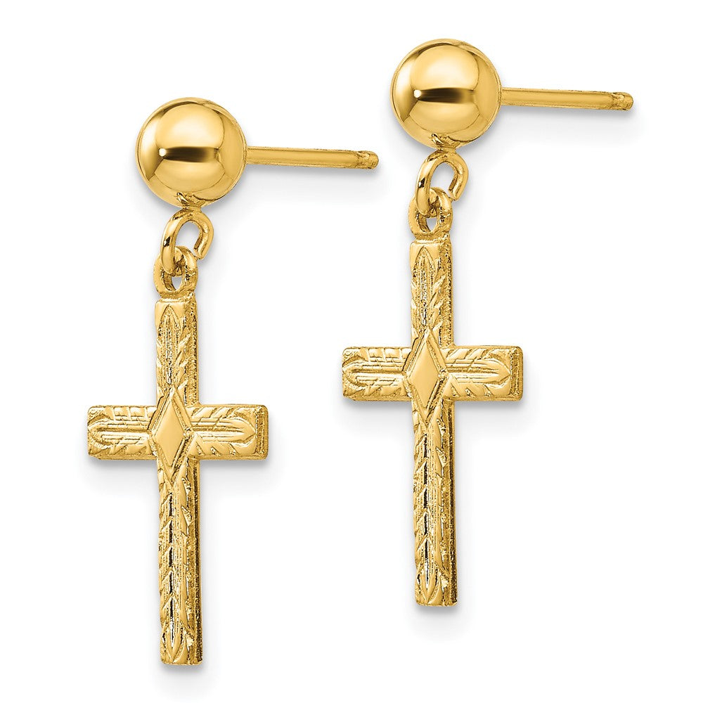 14K Yellow Gold Polished & Textured Cross Earrings