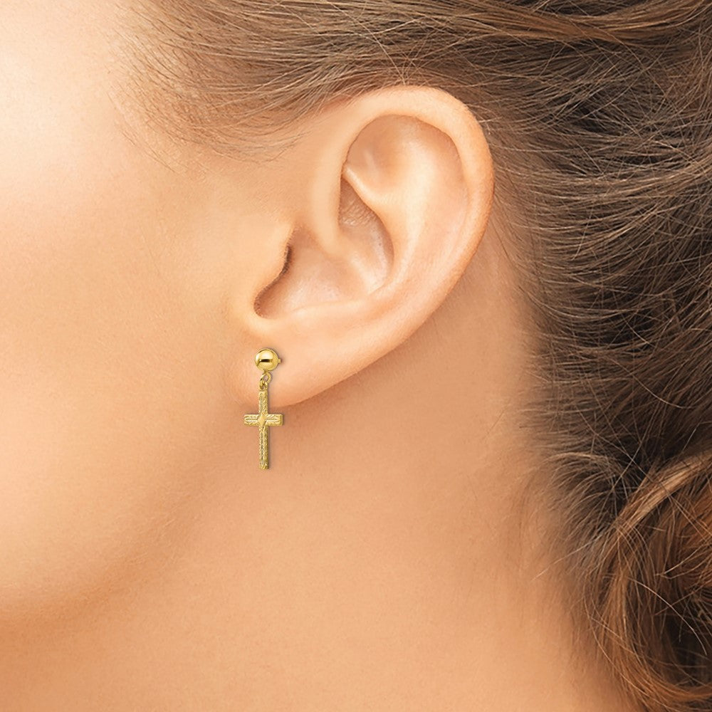 14K Yellow Gold Polished & Textured Cross Earrings