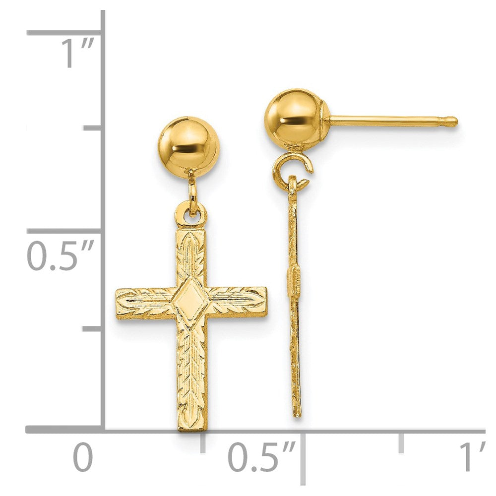 14K Yellow Gold Polished & Textured Cross Earrings