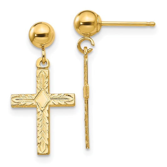 14K Yellow Gold Polished & Textured Cross Earrings