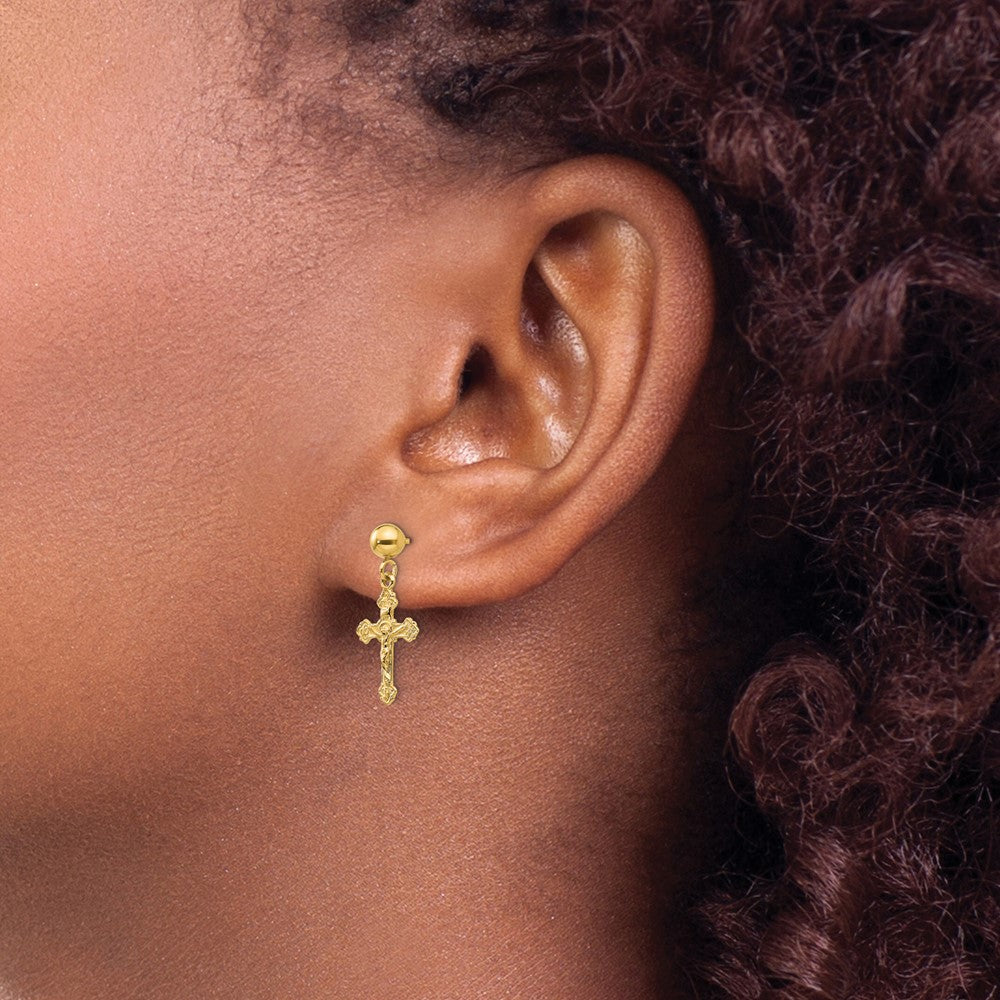 14K Yellow Gold Polished Crucifix Post Earrings