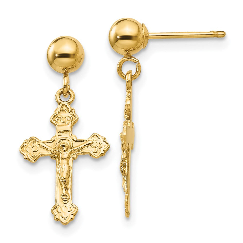 14K Yellow Gold Polished Crucifix Post Earrings