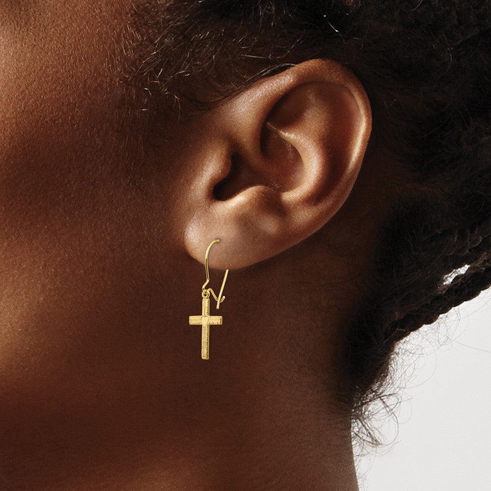 14K Yellow Gold Polished & Satin Cross Earrings