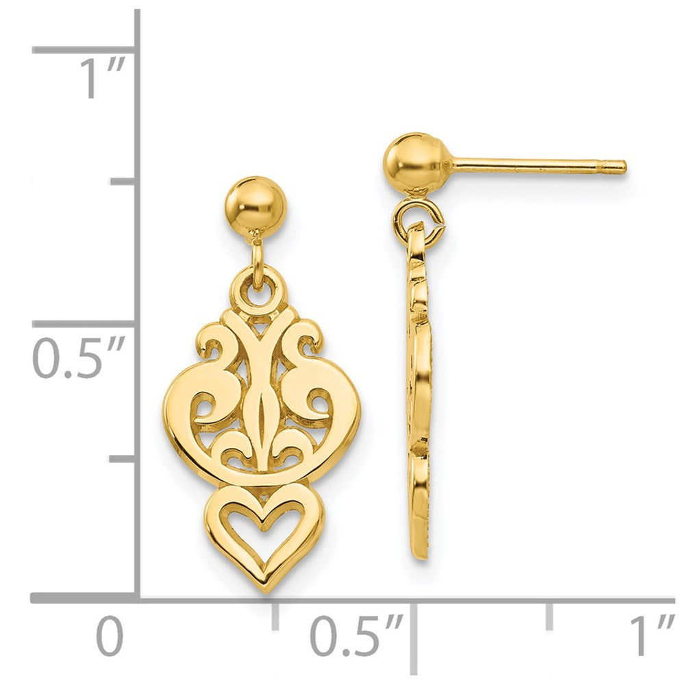 14K Yellow Gold Polished Filigree Fancy Heart Post Dangle Earrings