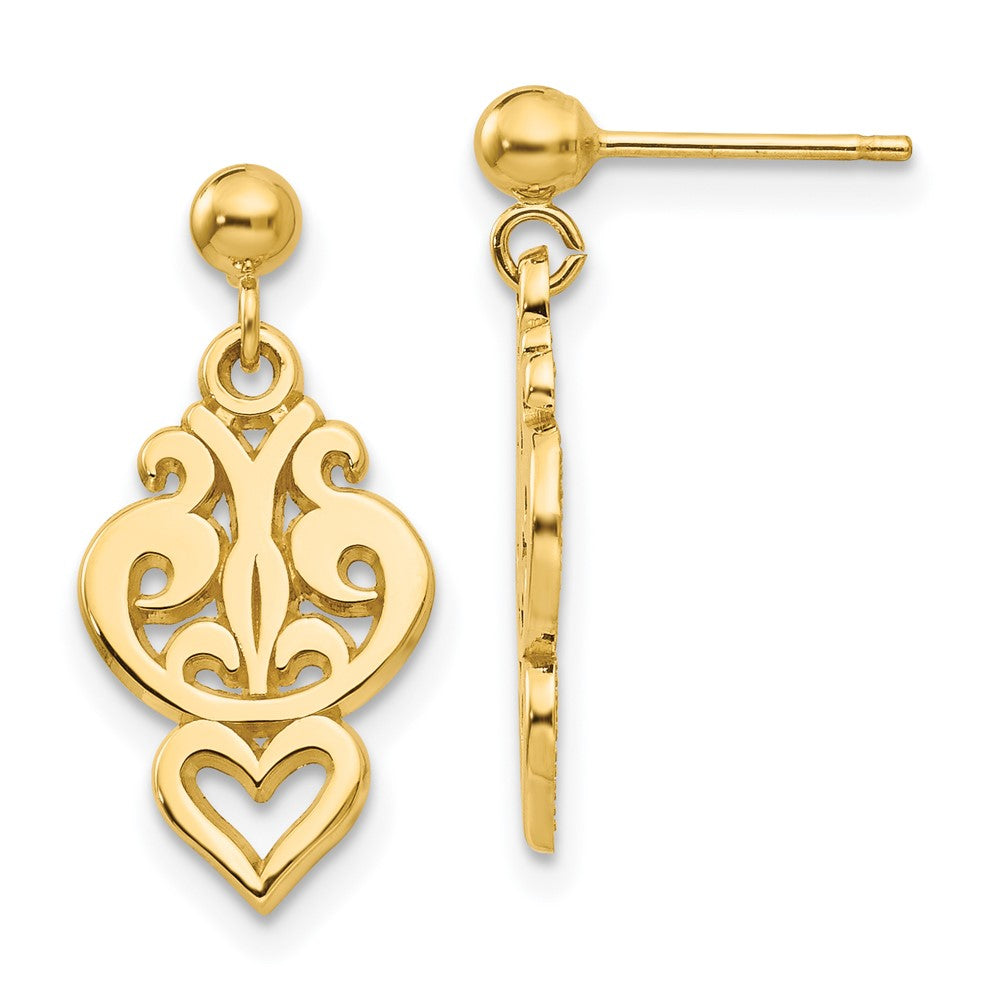 14K Yellow Gold Polished Filigree Fancy Heart Post Dangle Earrings