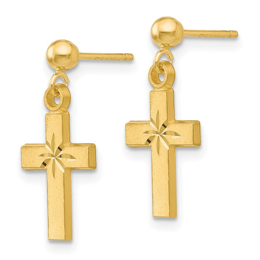 14K Yellow Gold Satin & Diamond-cut Cross Earrings