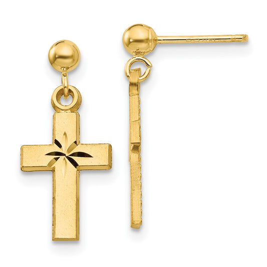 14K Yellow Gold Satin & Diamond-cut Cross Earrings