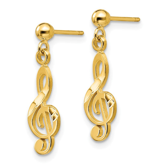 14K Yellow Gold Polished & Diamond-cut Treble Clef Dangle Post Earrings