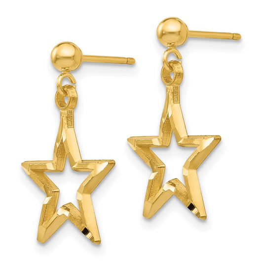 14K Yellow Gold Polished & Diamond-cut Star Dangle Post Earrings