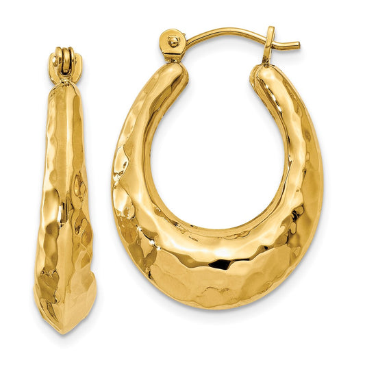 14K Yellow Gold Hammered Fancy Hollow Hoop Earrings