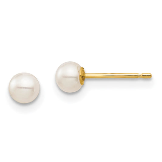 14K Yellow Gold Madi K 3-4mm White Round FWC Pearl Stud Post Earrings