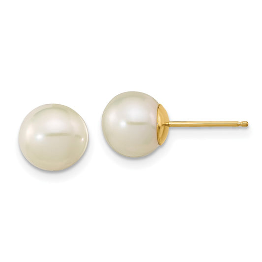 14K Yellow Gold Madi K 7-8mm White Round FWC Pearl Stud Post Earrings