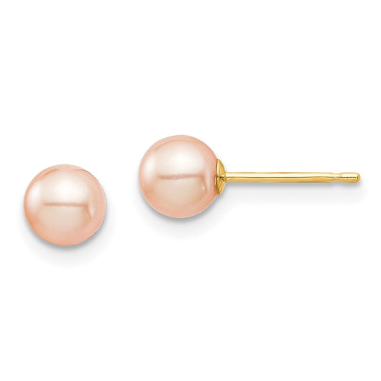 14K Yellow Gold Madi K 5-6mm Pink Round FWC Pearl Stud Post Earrings