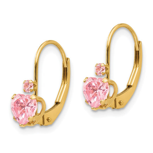 14K Yellow Gold Madi K Pink CZ Heart Leverback Earrings