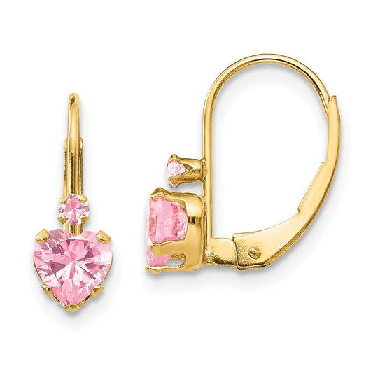 14K Yellow Gold Madi K Pink CZ Heart Leverback Earrings