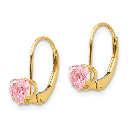 14K Yellow Gold Madi K Pink CZ Heart Leverback Earrings