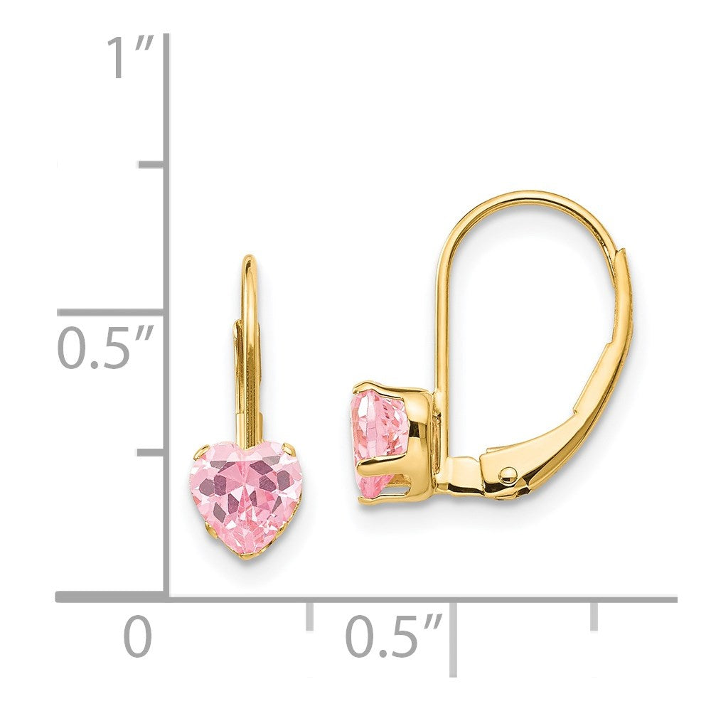 14K Yellow Gold Madi K Pink CZ Heart Leverback Earrings