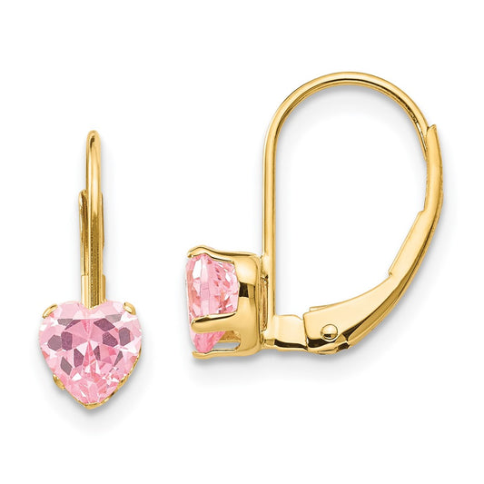 14K Yellow Gold Madi K Pink CZ Heart Leverback Earrings