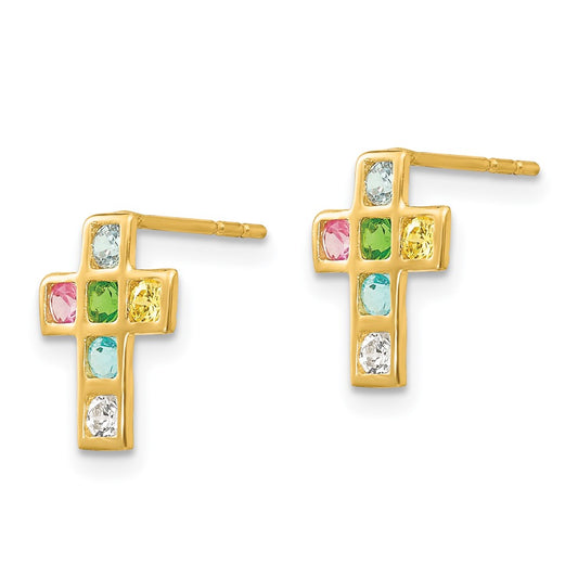 14K Yellow Gold Madi K Multi-colored CZ Cross Post Earrings