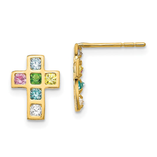 14K Yellow Gold Madi K Multi-colored CZ Cross Post Earrings