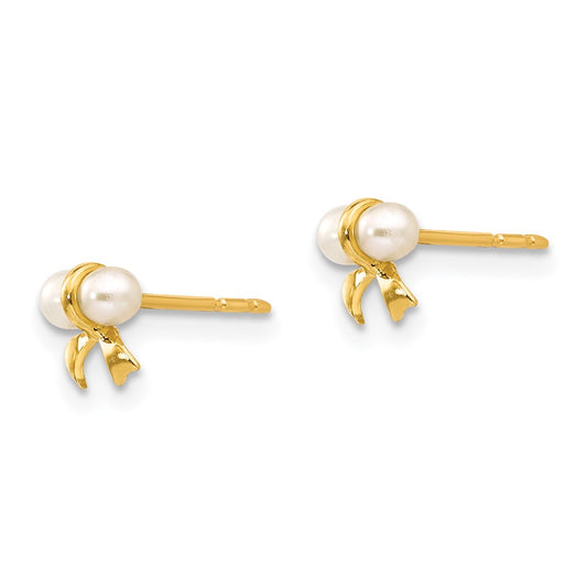 14K Yellow Gold Madi K White Button FWC Pearl Bow Post Earrings