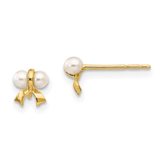 14K Yellow Gold Madi K White Button FWC Pearl Bow Post Earrings