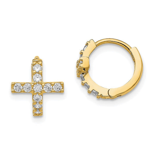 14K Yellow Gold Madi K Polished CZ Cross Hinged Hoop Earrings