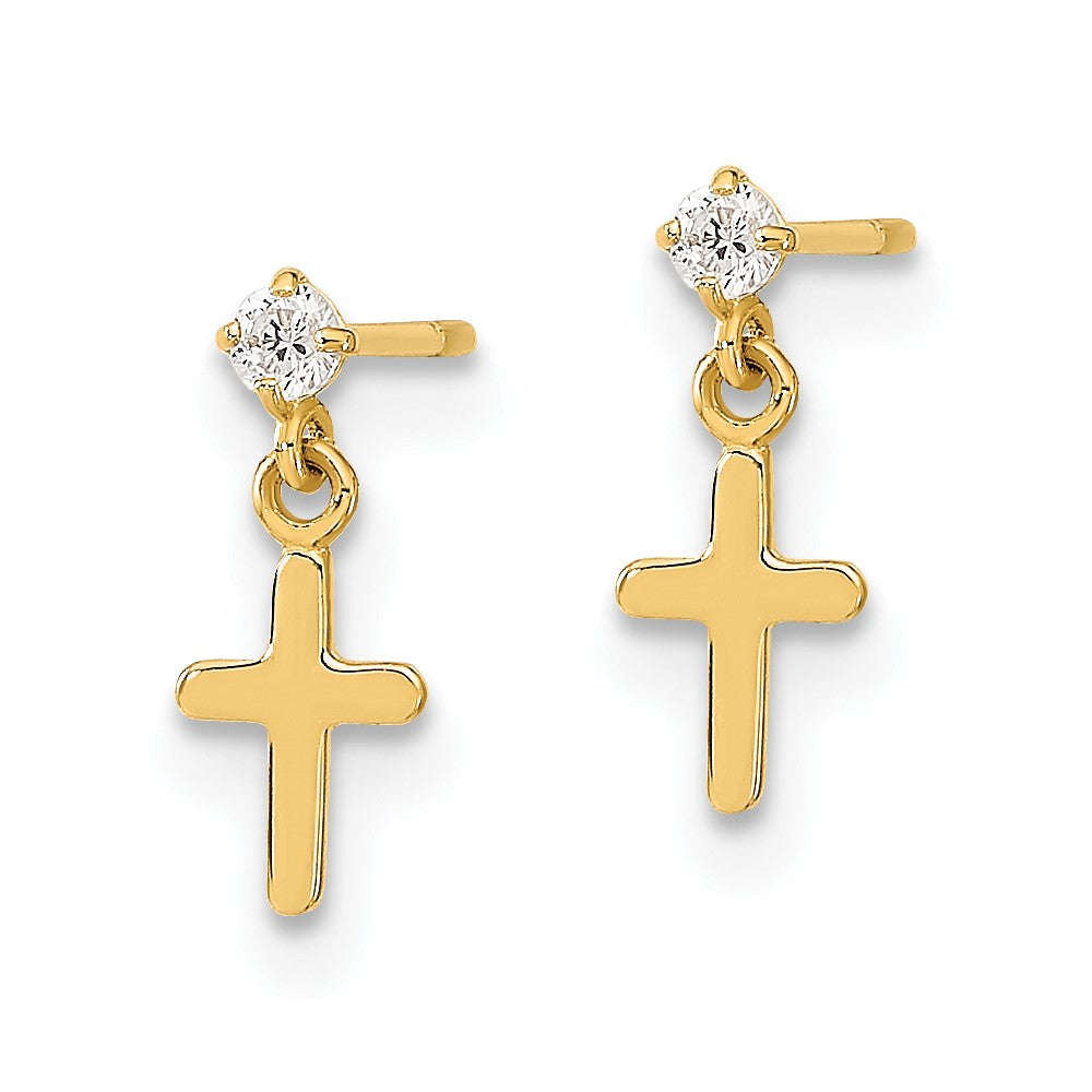 14K Yellow Gold Madi K Childrens CZ Cross Post Dangle Earrings