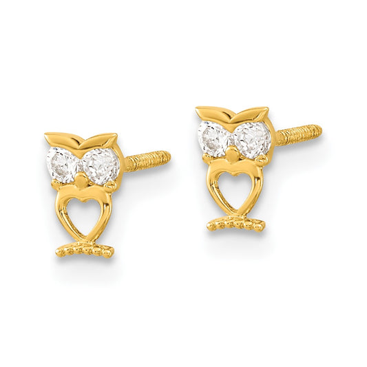 14K Yellow Gold Madi K Owl with CZ Eyes Screwback Post Earrings