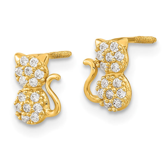 14K Yellow Gold Madi K Polished CZ Sitting Cat Screwback Post Earrings