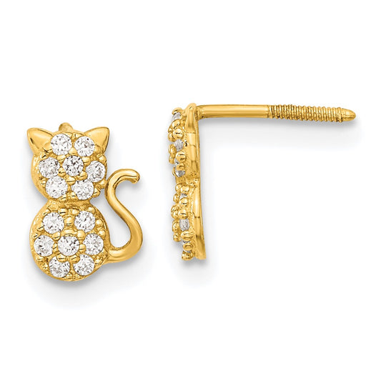 14K Yellow Gold Madi K Polished CZ Sitting Cat Screwback Post Earrings