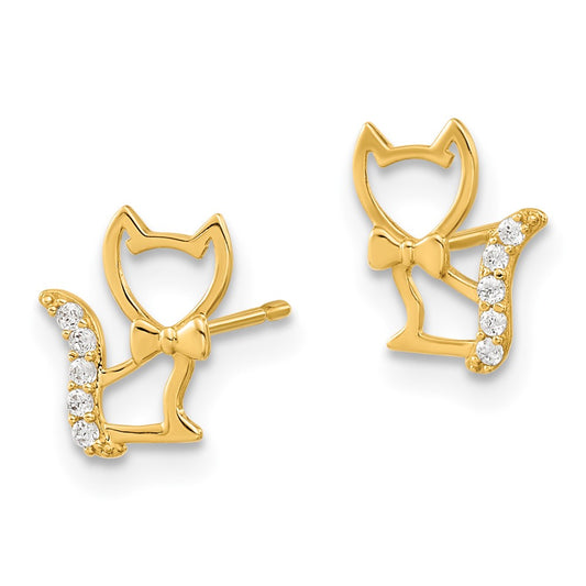 14K Yellow Gold Madi K Childrens Kitten with CZ Tail Post Earrings