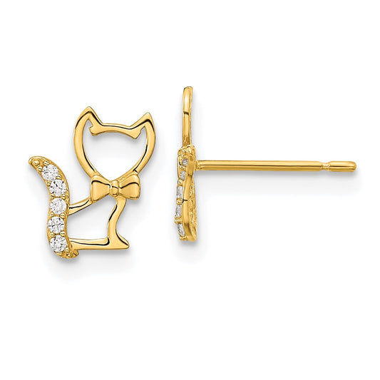 14K Yellow Gold Madi K Childrens Kitten with CZ Tail Post Earrings